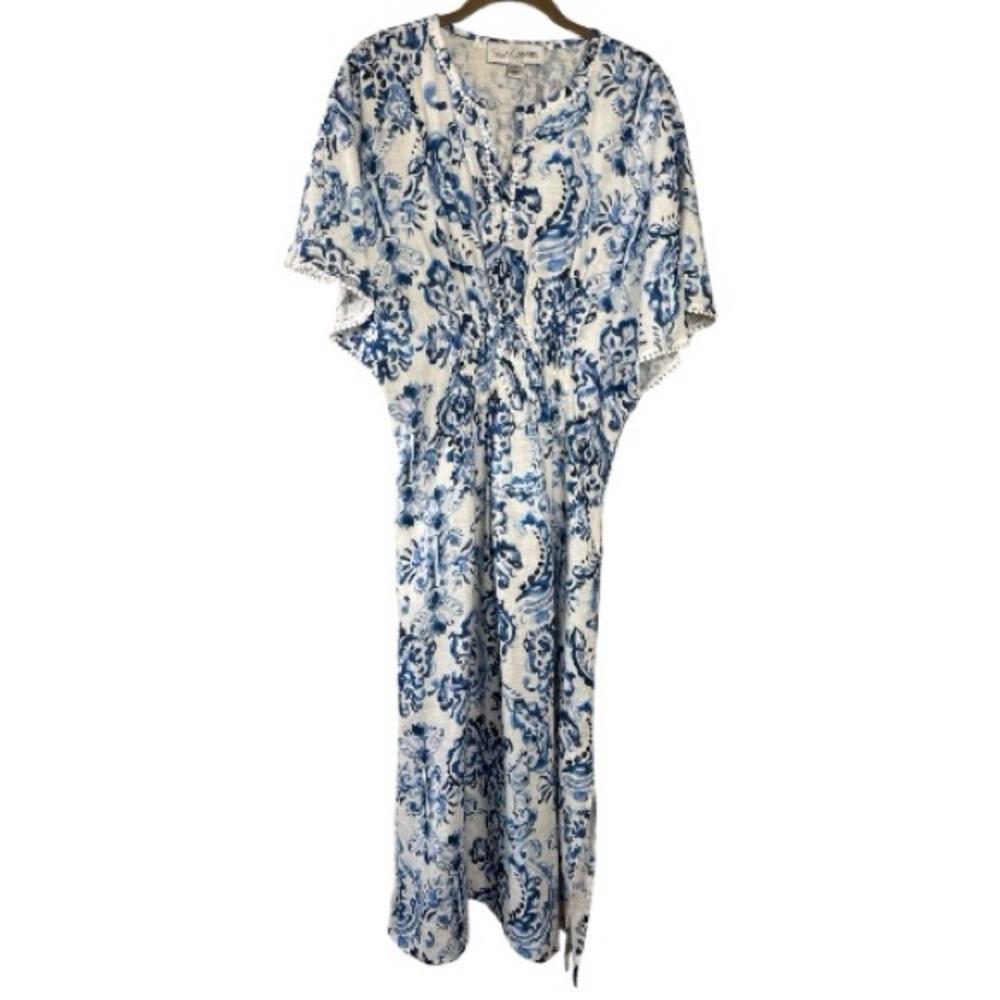 Sara Campbell Blue White Linen Kaftan Dress | Small | Coastal Resort - Picture 14 of 14